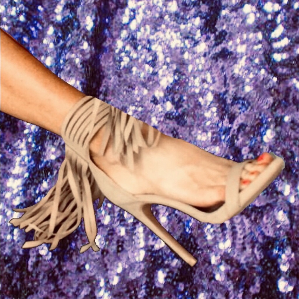 FRINGE HEELS TAUPE/NUDE COLOR BOHO GYPSY HIPPIE - Picture 6 of 7